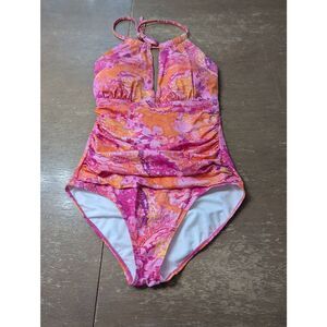 Lauren Ralph Lauren Oceania High Neck One Piece Swimsuit size 8 pink watercolor